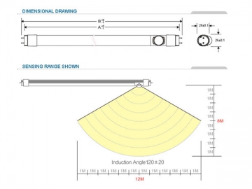 T8 LED チューブ (調節可能な PIR センサー) 付き